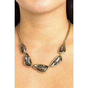 Gold Tone Statement Necklace Faceted Stone Gem Drop Adjustable Chain Bold EUC